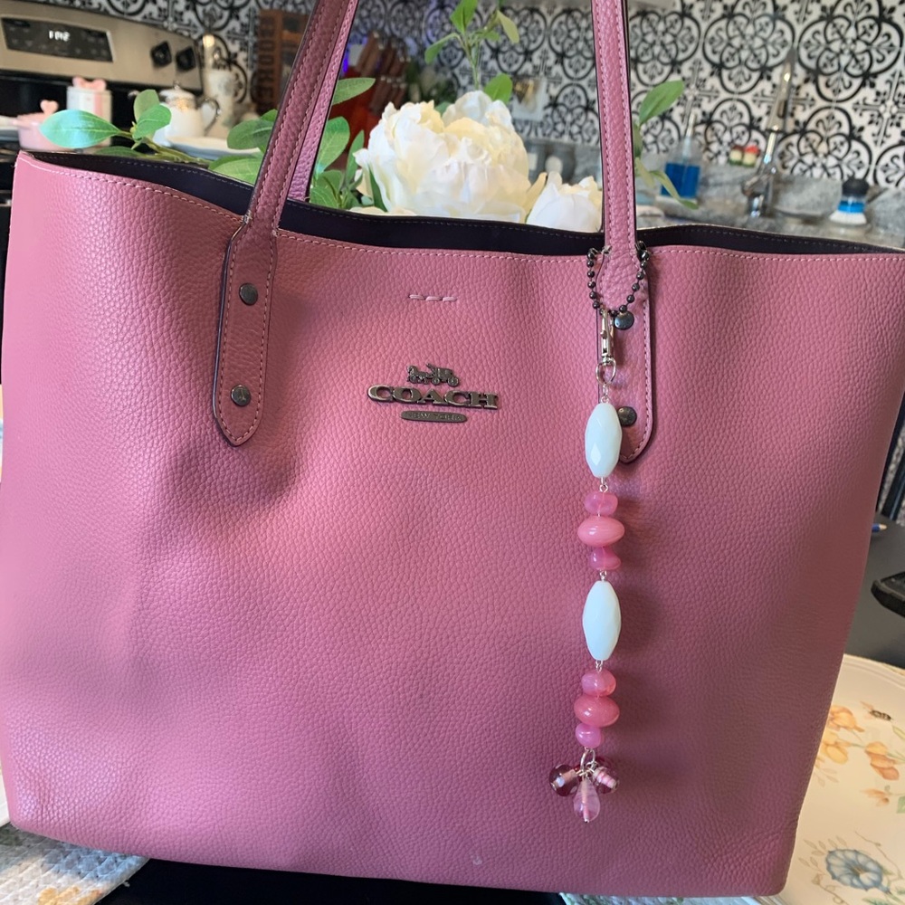 Pink and White Beaded Bag Charm Keychain